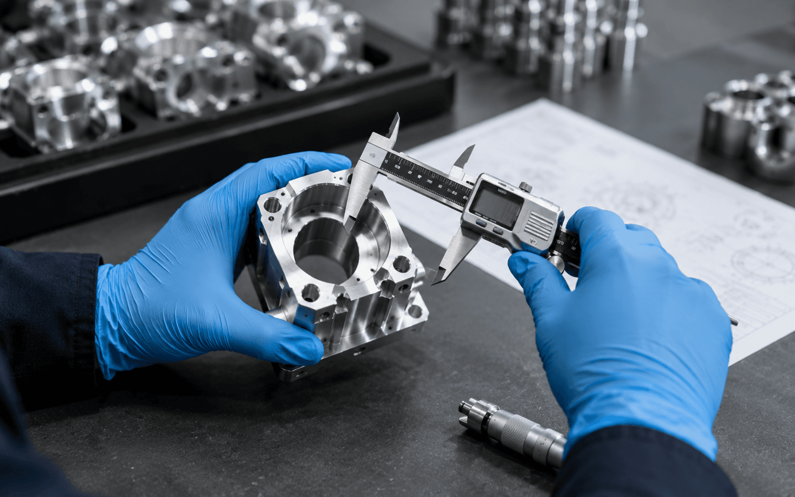 Precision measurement tool inspecting a machined metal component