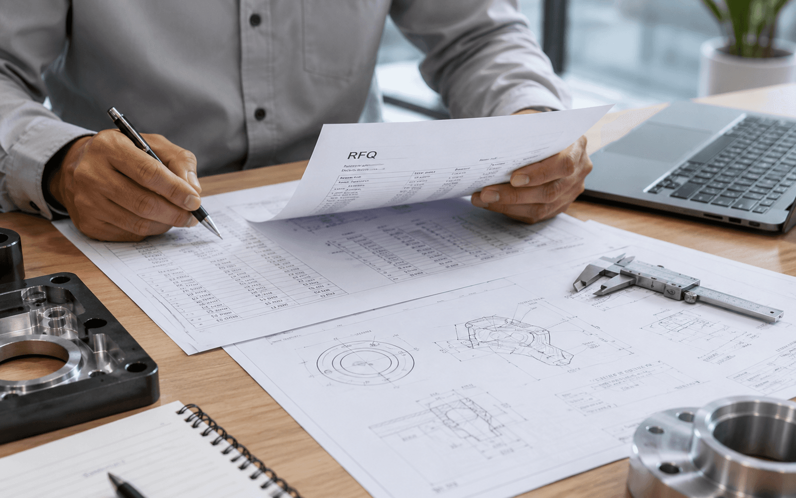 Technical drawings and RFQ documents being reviewed on a manufacturing desk