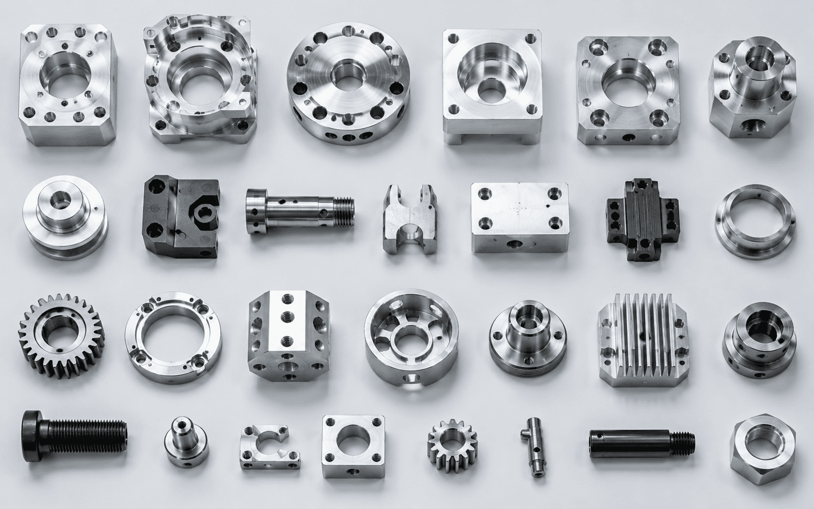 Arranged precision machined metal components on a clean surface